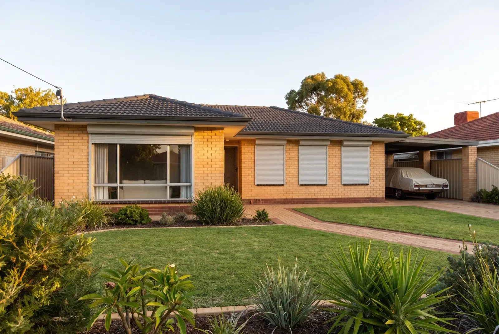 Illustration of pale grey roller shutters on a 1950s brick and tile house