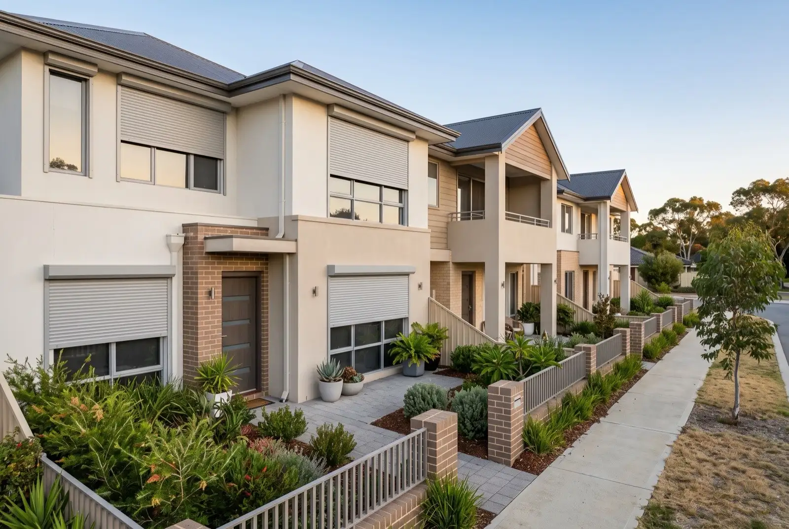 Illustration of off-white roller shutters on two storey townhouses
