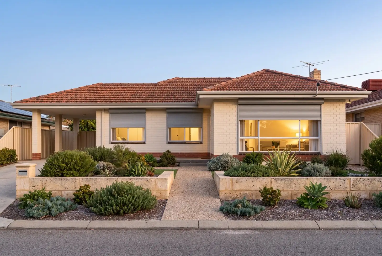 Illustration of mid grey roller shutters on a 1950s brick and tile house near the coast