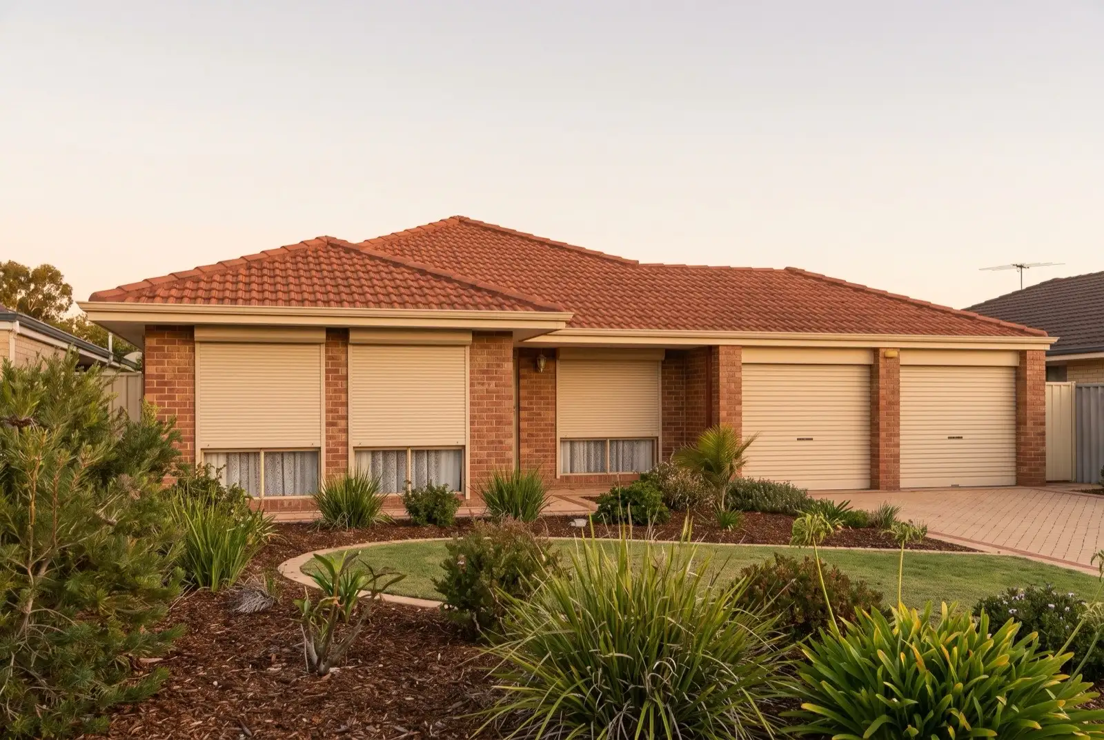 Illustration of warm beige roller shutters on a 1990s brick house