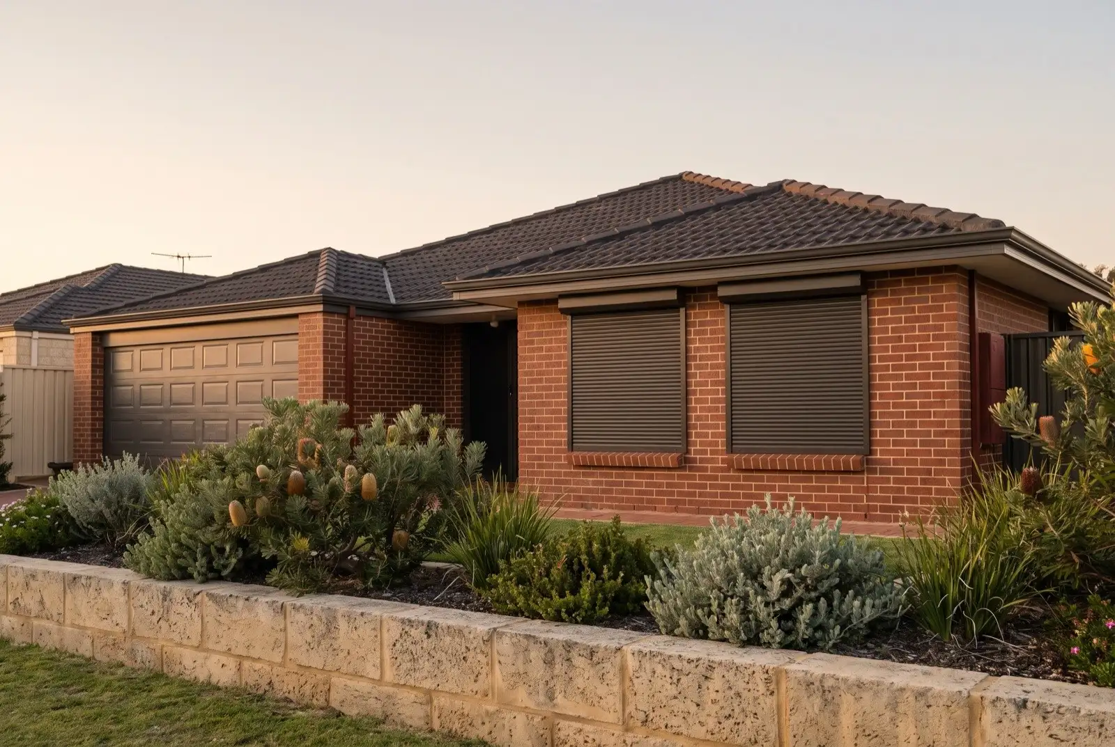 Illustration of dark bronze roller shutters on a 1990s brick house near the coast