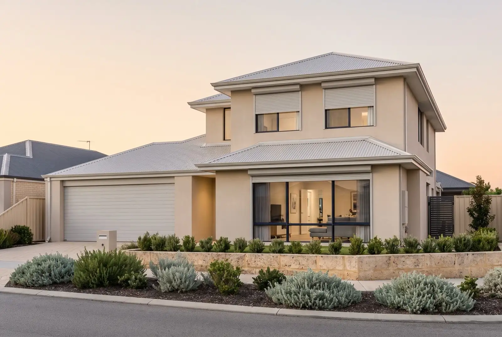 Illustration of pale grey roller shutters on a modern two storey house near the coast