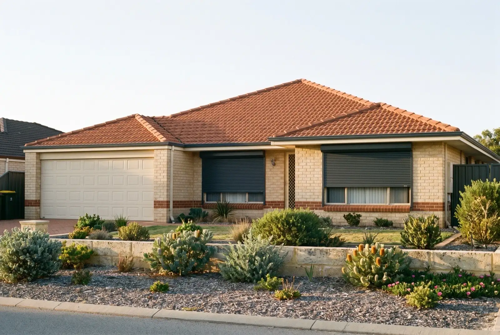 Illustration of charcoal roller shutters on a 1990s brick house near the coast