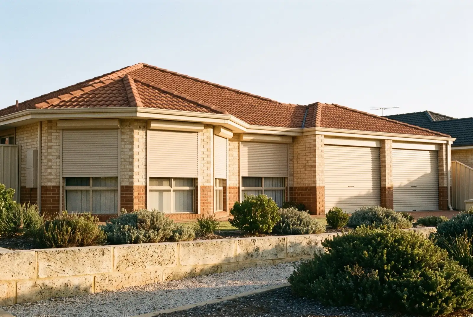 Illustration of warm beige roller shutters on a 1990s brick house near the coast