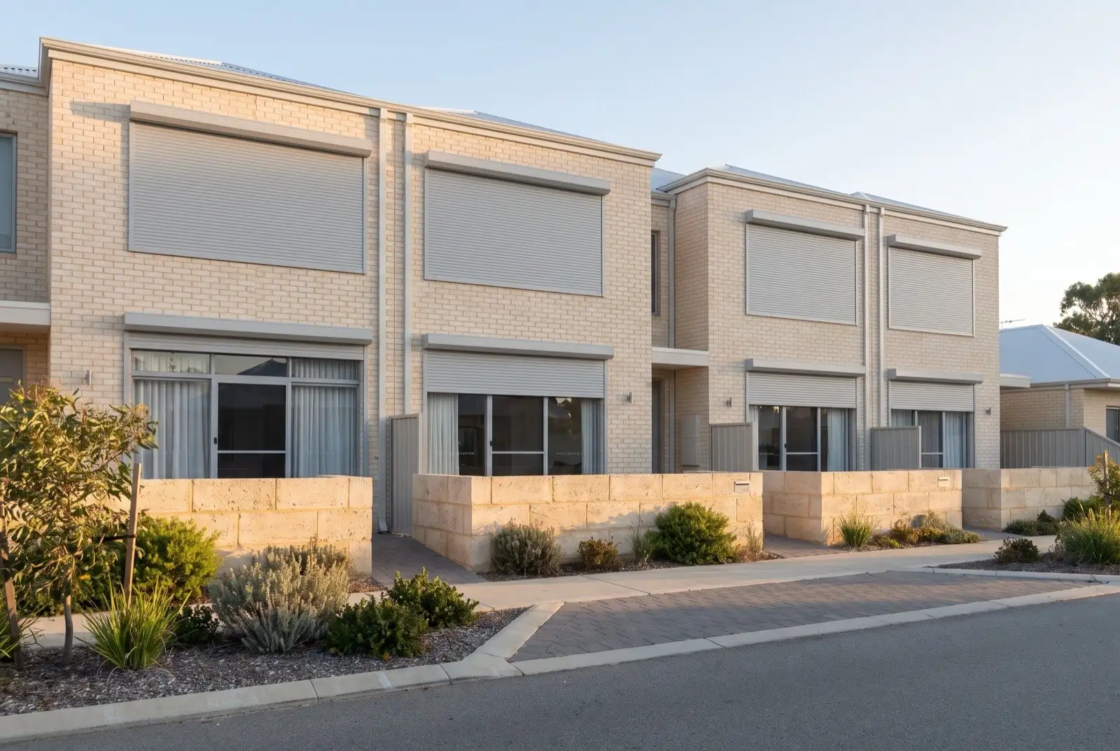 Illustration of pale grey roller shutters on two storey townhouses near the coast