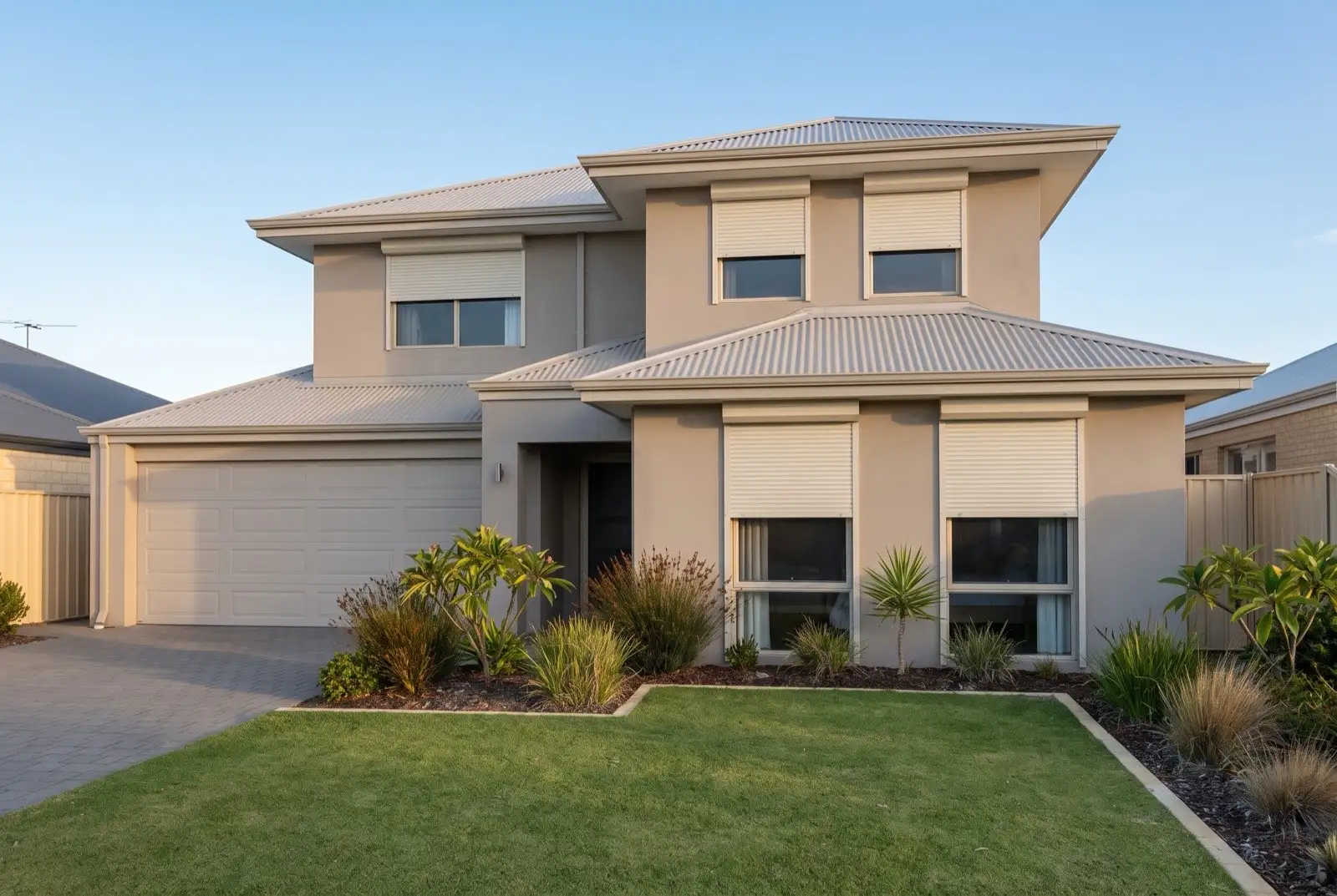 Illustration of off-white roller shutters on a modern two storey house