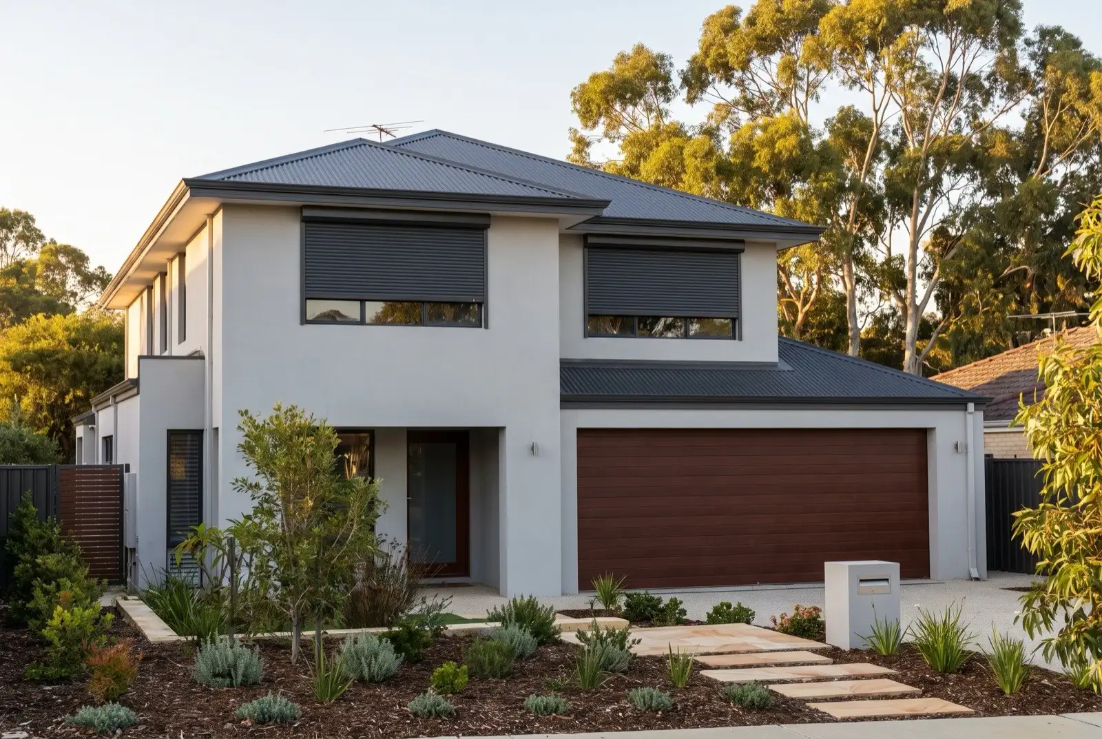Illustration of charcoal roller shutters on a modern two storey house on a bush block