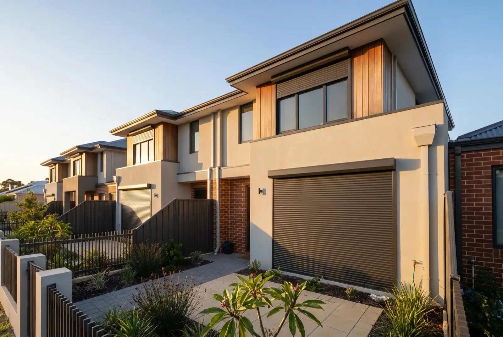 Illustration of dark bronze roller shutters on two storey townhouses