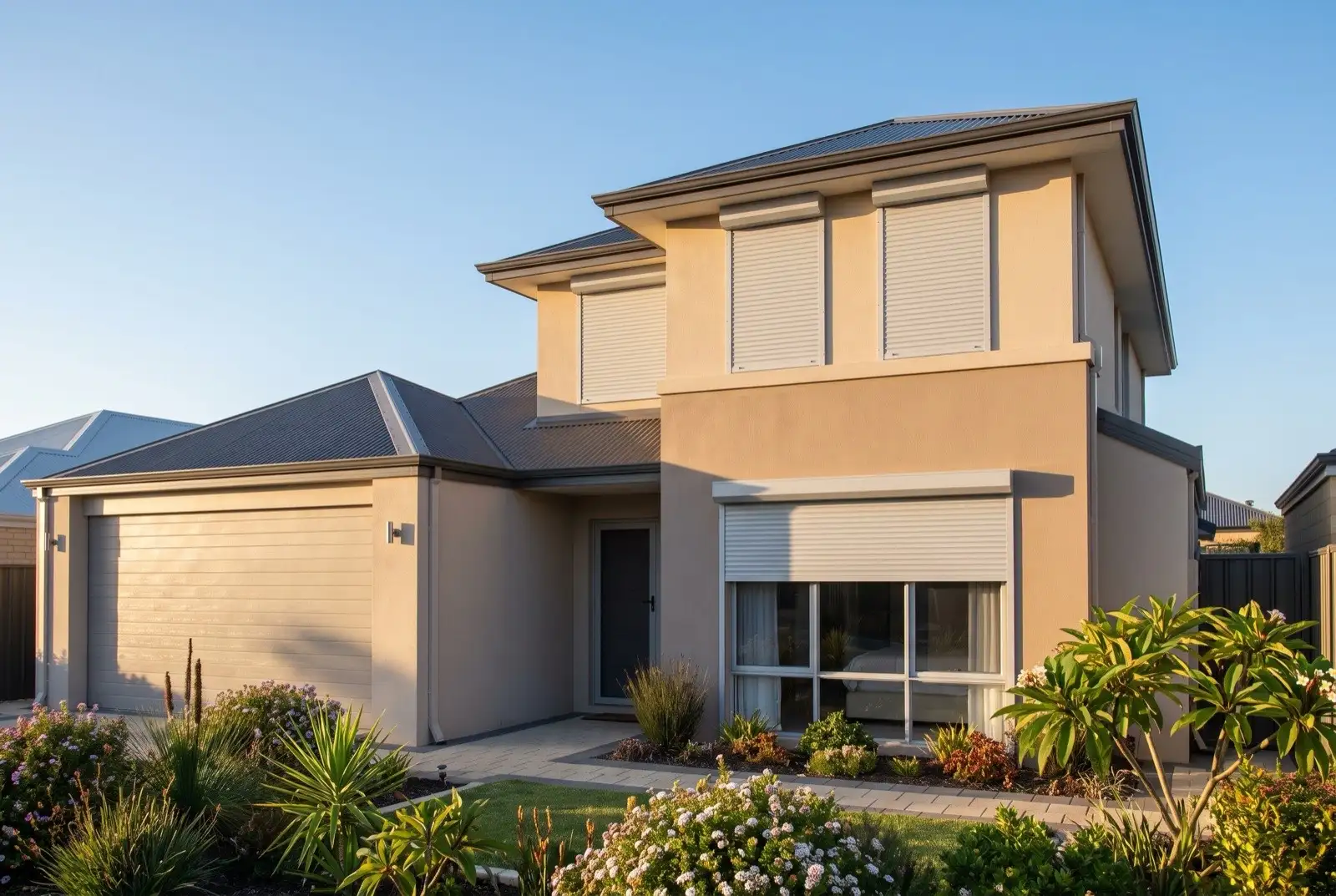 Illustration of pale grey roller shutters on a modern two storey house