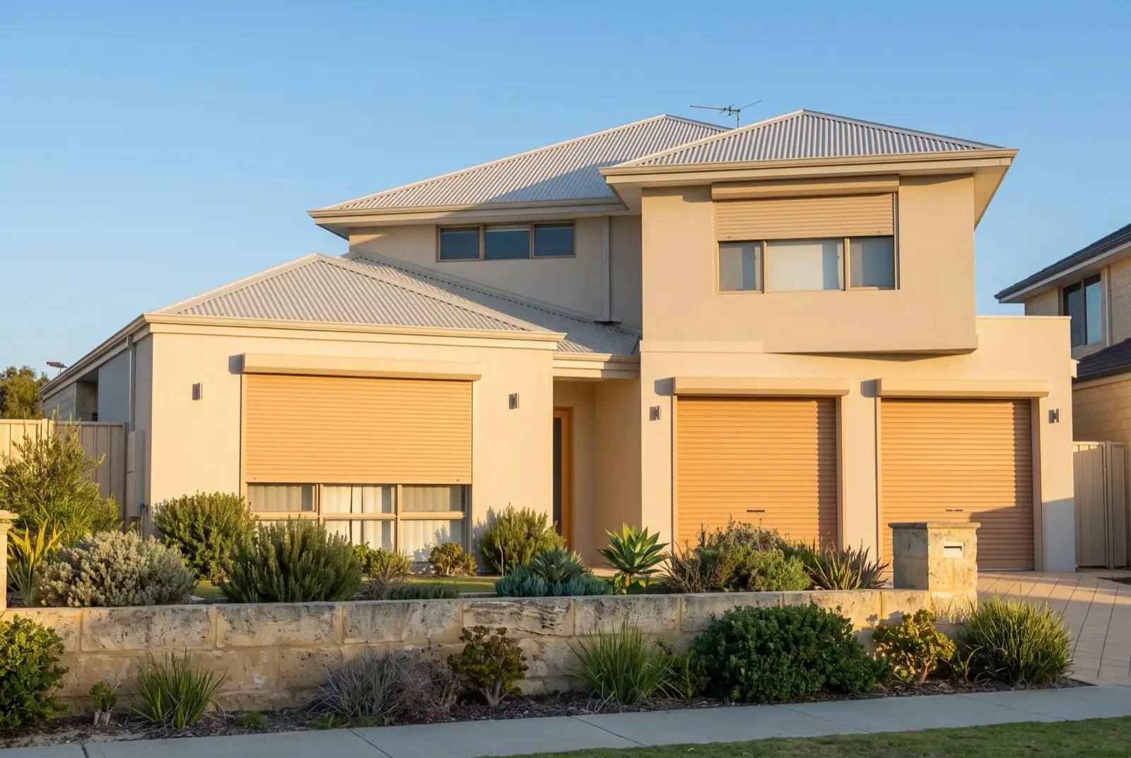 Illustration of warm beige roller shutters on a modern two storey house near the coast
