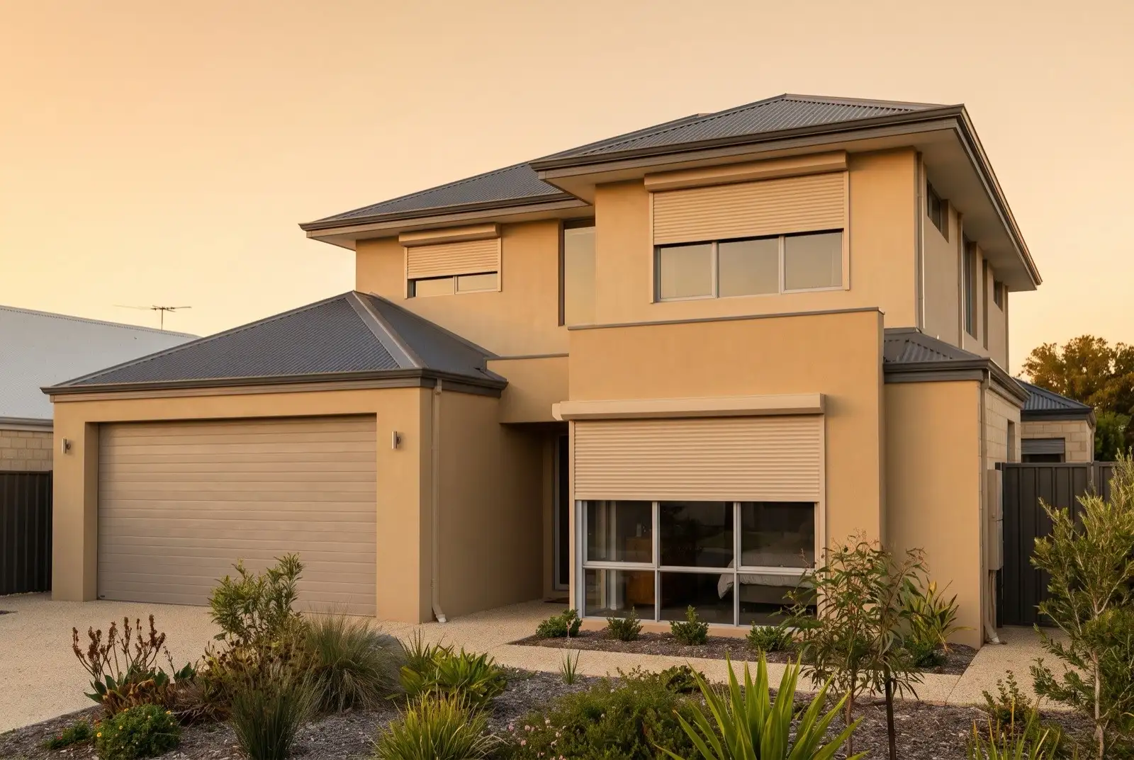 Illustration of warm beige roller shutters on a modern two storey house