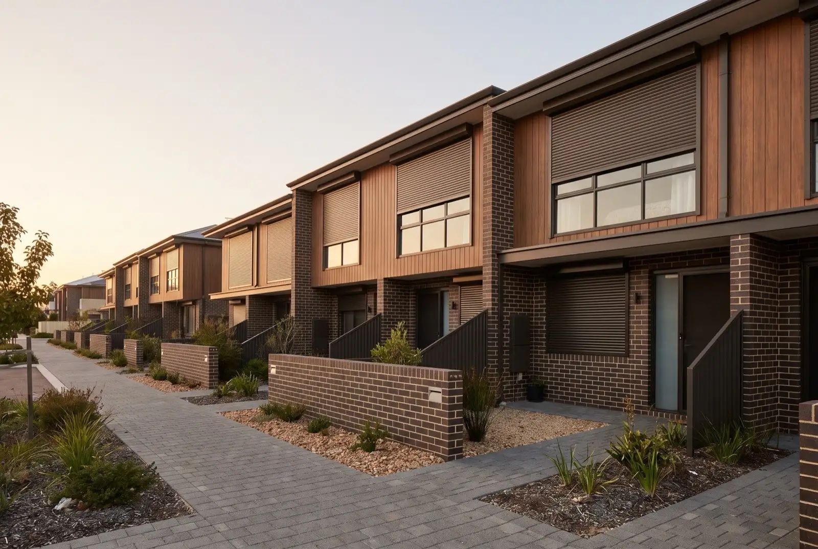 Illustration of dark bronze roller shutters on two storey townhouses