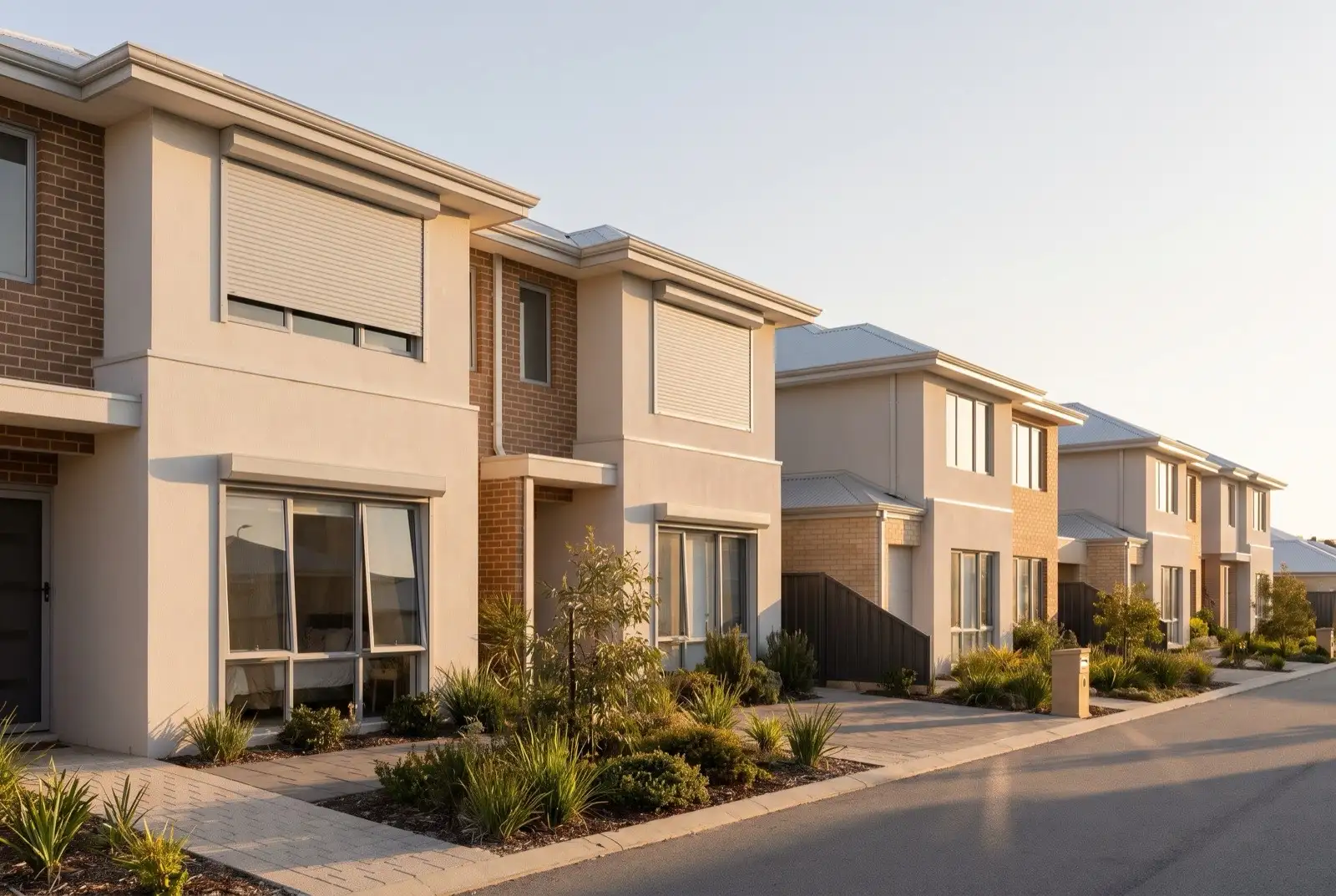 Illustration of pale grey roller shutters on two storey townhouses