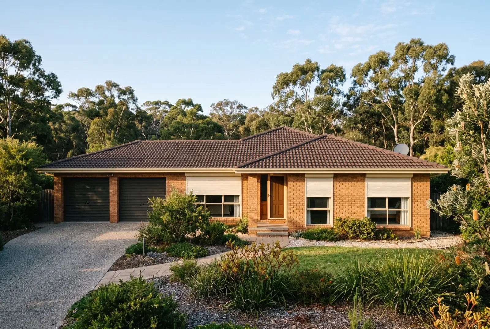 Illustration of off-white roller shutters on a 1990s brick house on a bush block