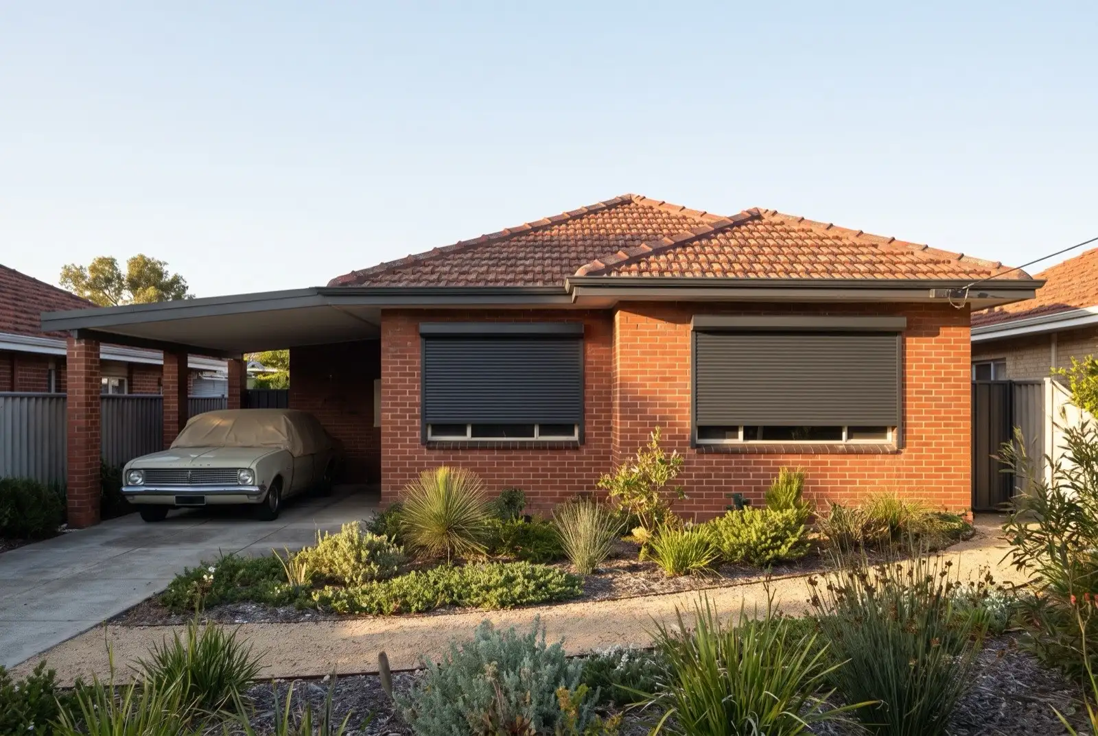 Illustration of charcoal roller shutters on a 1950s brick and tile house