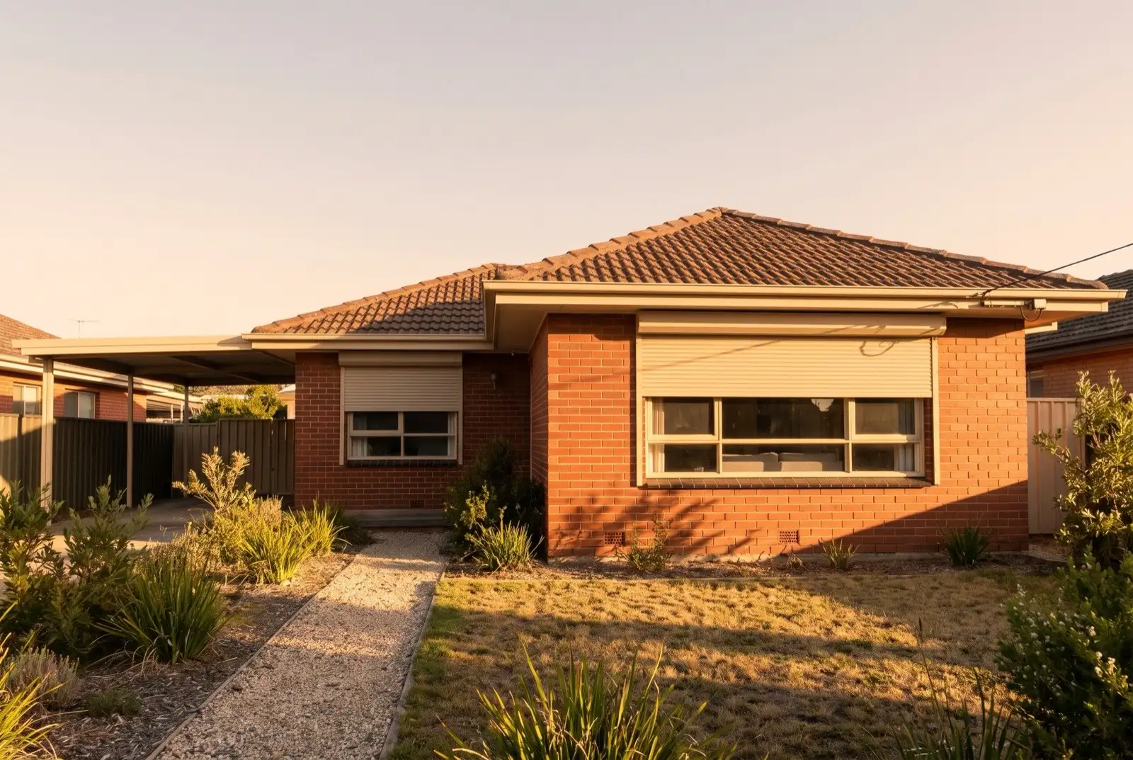 Illustration of warm beige roller shutters on a 1950s brick and tile house