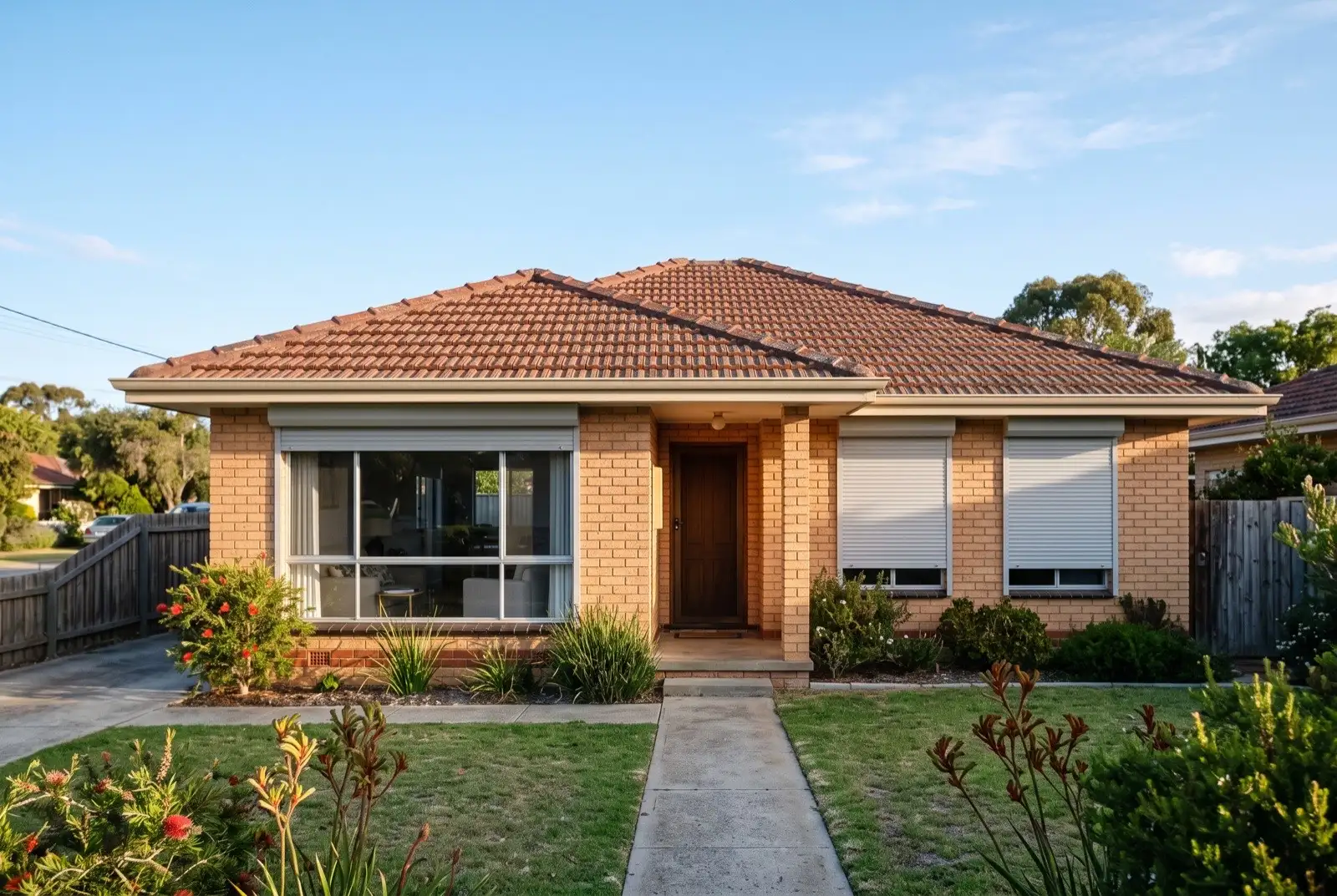 Illustration of pale grey roller shutters on a 1970s brick house