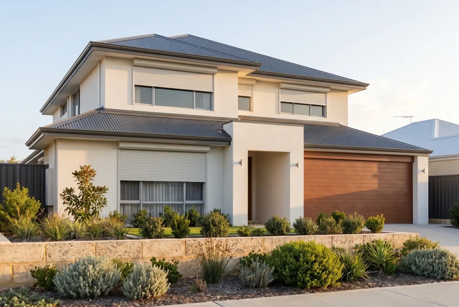 Illustration of off-white roller shutters on a modern two storey house near the coast